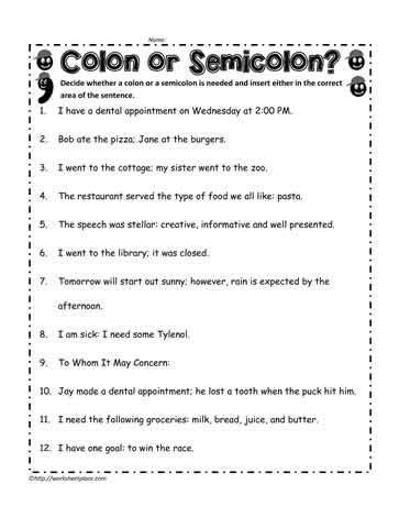 semicolons and colons worksheet